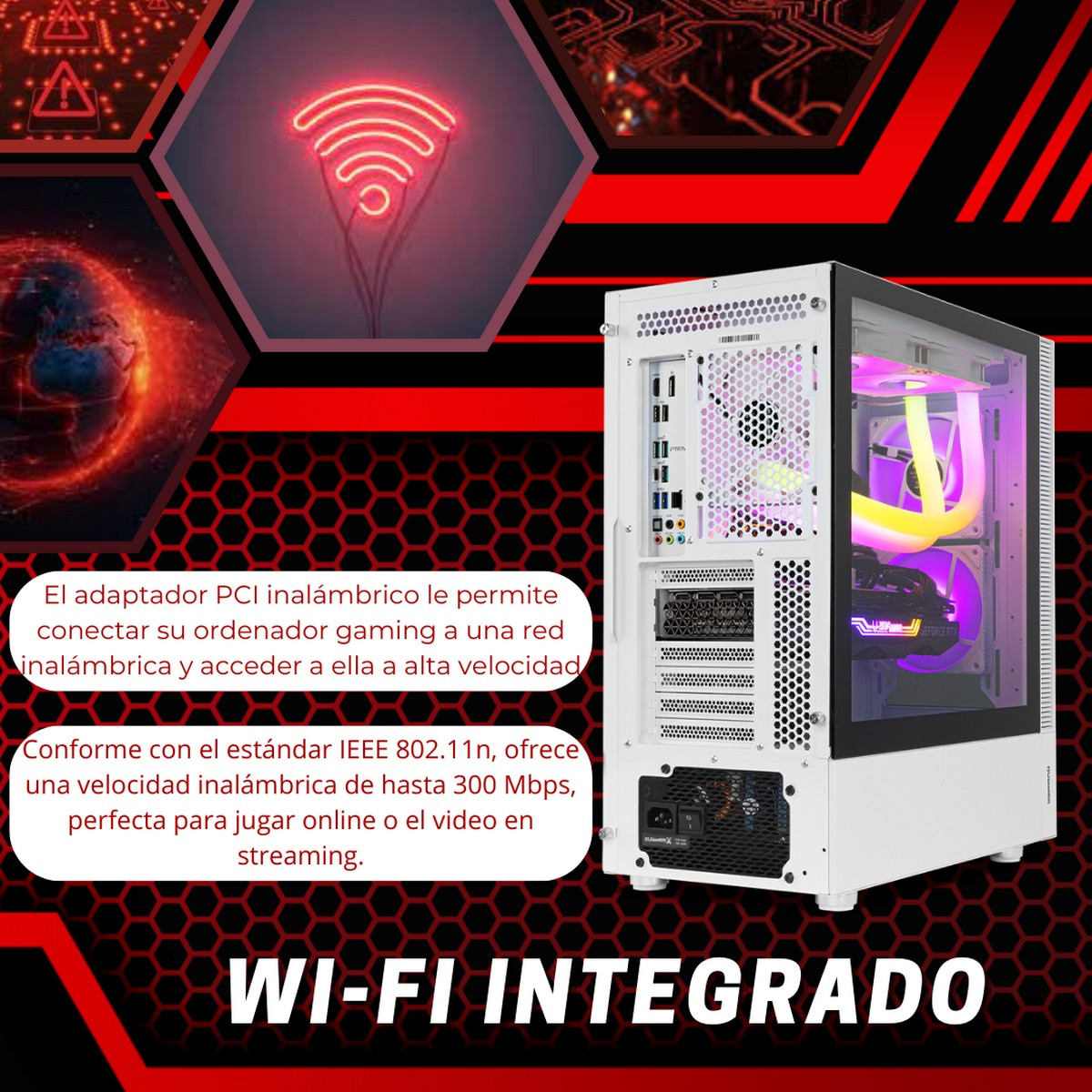 Una caja de computadora blanca con Wi-Fi integrado, con componentes visibles en el interior.