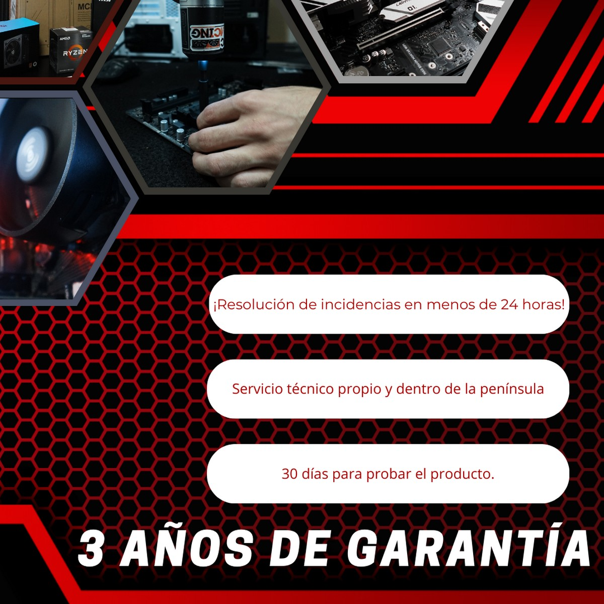 Una imagen promocional con texto sobre servicios de reparación de computadoras y una persona trabajando en componentes de computadora.