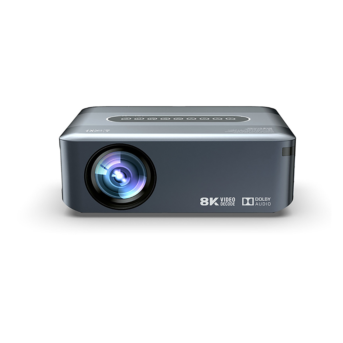 Proyector gris oscuro con lente y botones de control, sobre una superficie blanca.