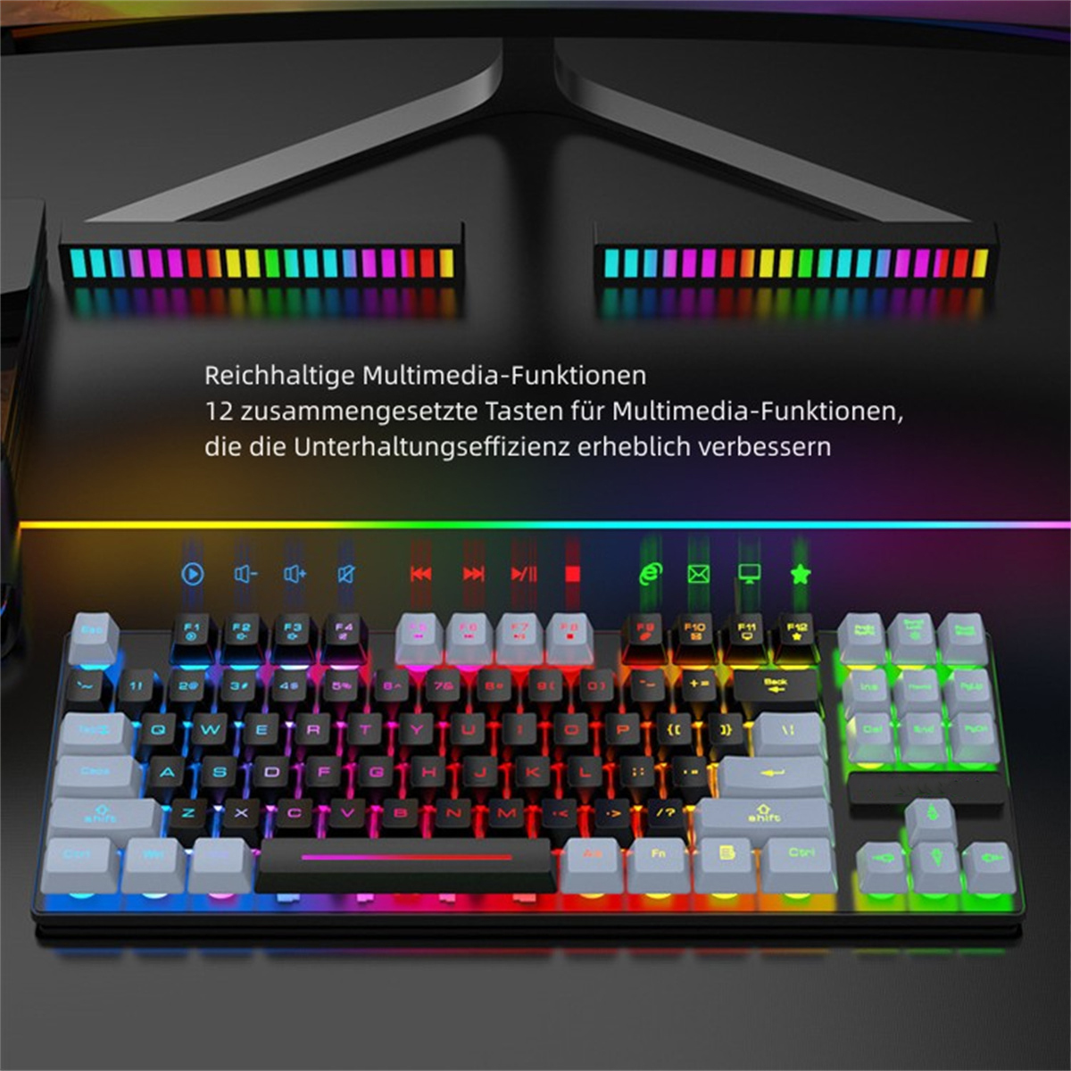 Gaming-Tastatur mit farbigen Lichtern. Text erklärt Multimedia-Funktionen.