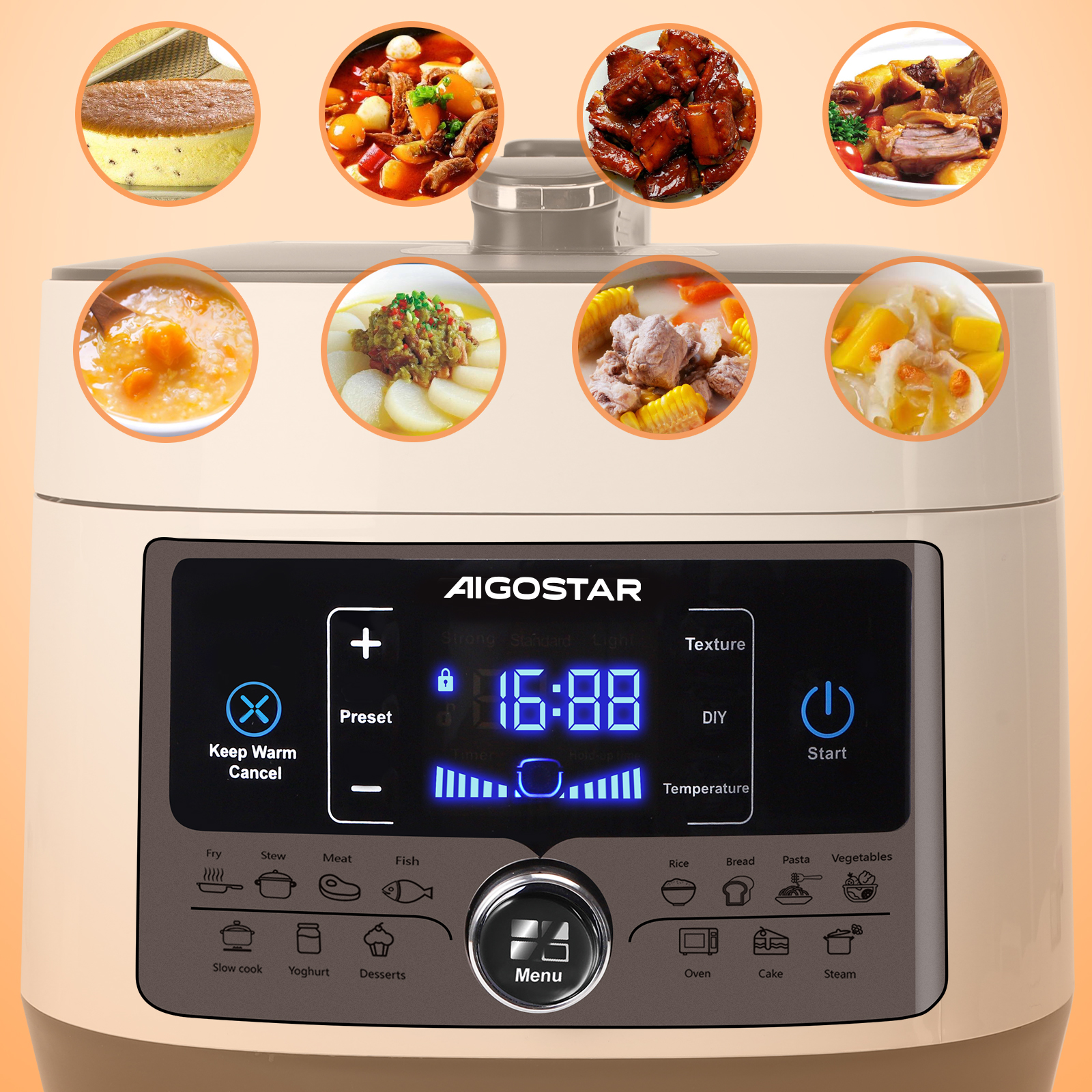 Olla eléctrica multifunción con pantalla digital e iconos de alimentos variados.