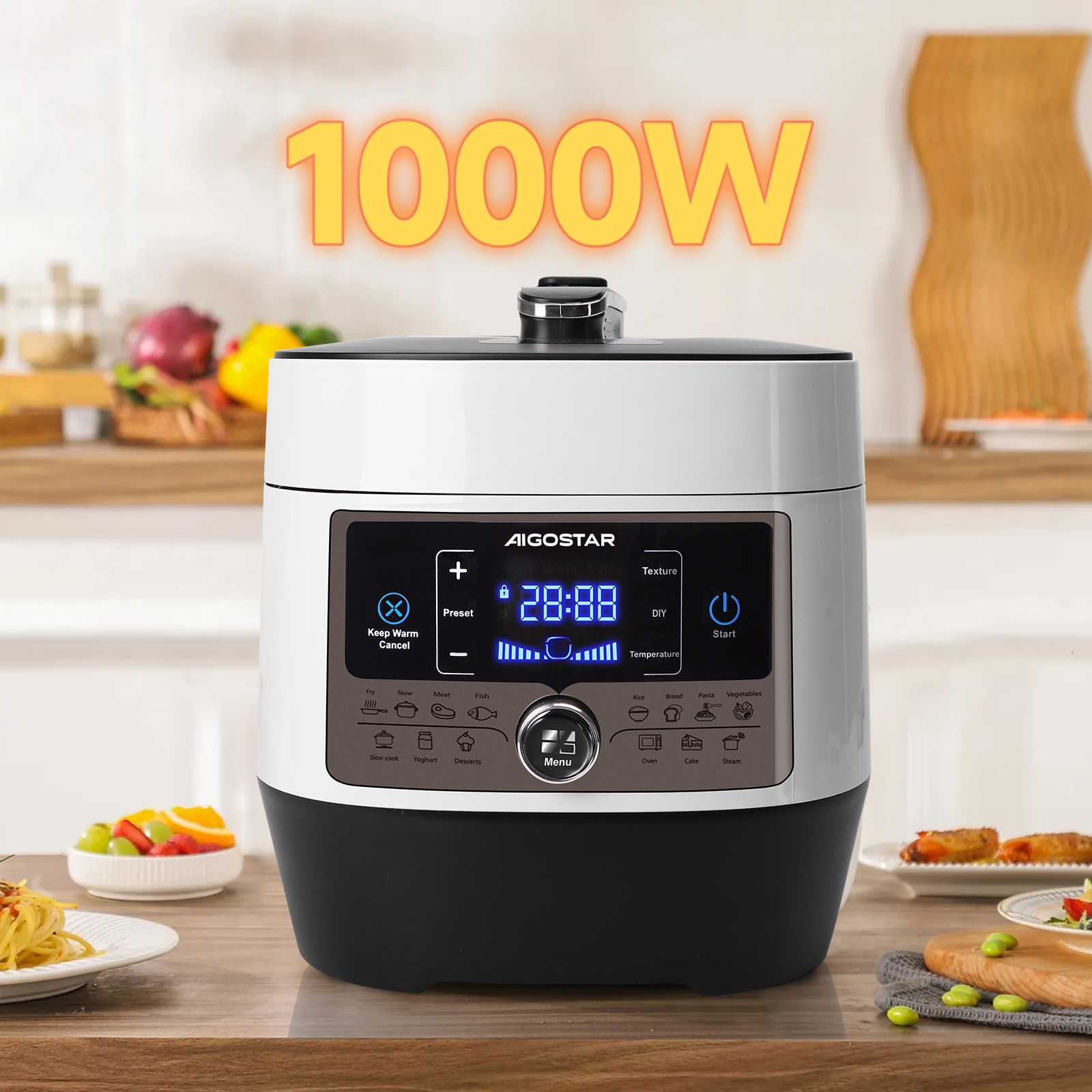 Una olla eléctrica blanca y negra sobre una superficie de madera. El texto dice: 1000W. Hay algo de comida cocinada.
