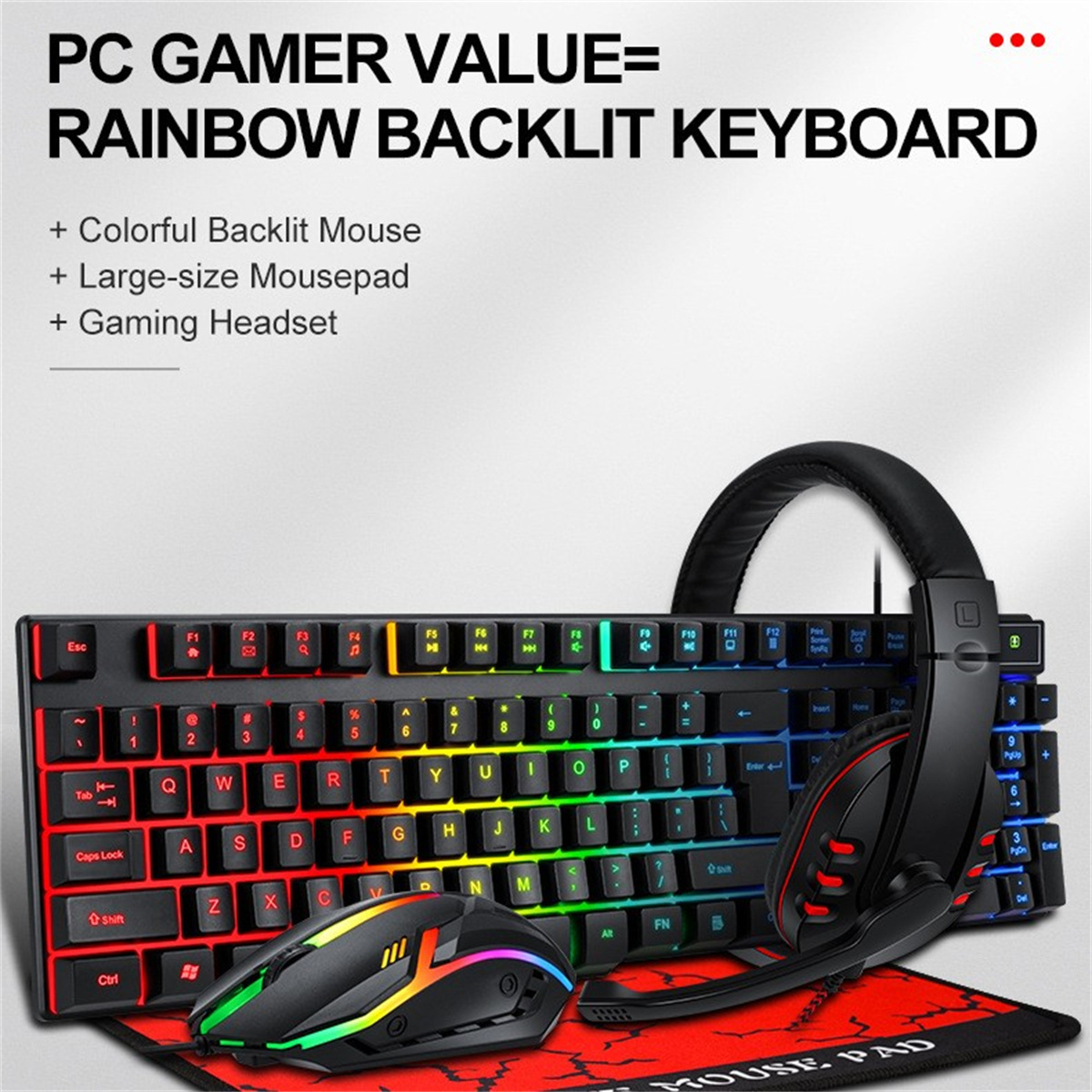 Gaming-Setup mit beleuchteter Tastatur, Maus, Mauspad und Headset, farbige Beleuchtung.