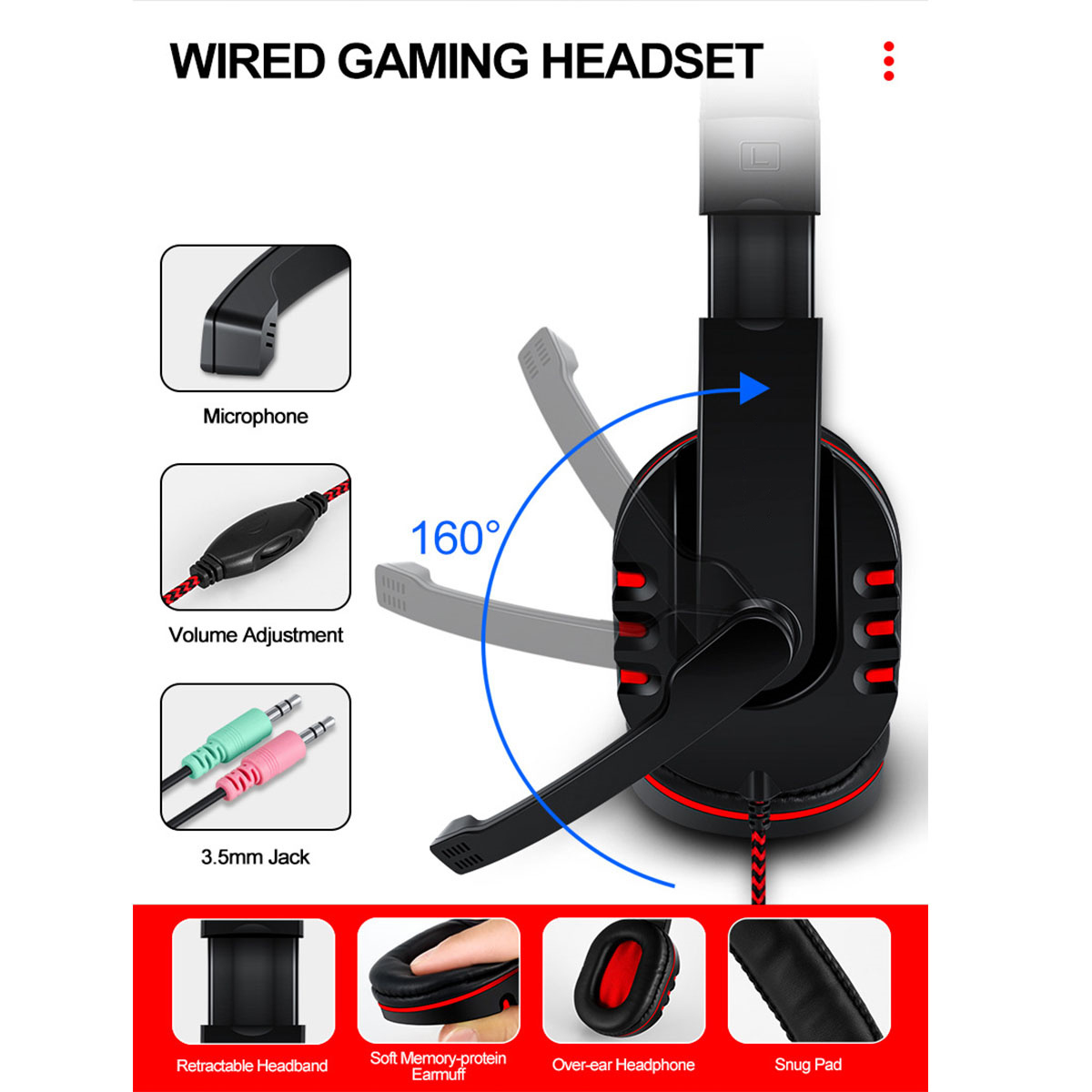 Schwarzes und rotes Gaming-Headset mit Mikrofon, Lautstärkeregelung und 3,5-mm-Klinke mit Diagrammen.