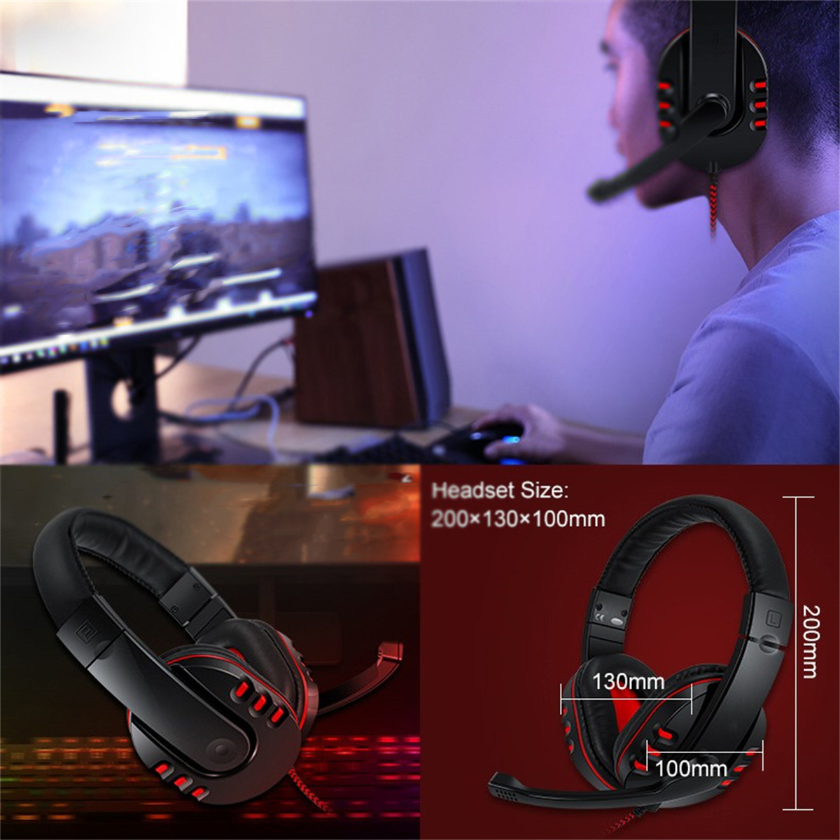 Headset mit roten Akzenten. Das Bild zeigt eine Person, die einen Computer benutzt.