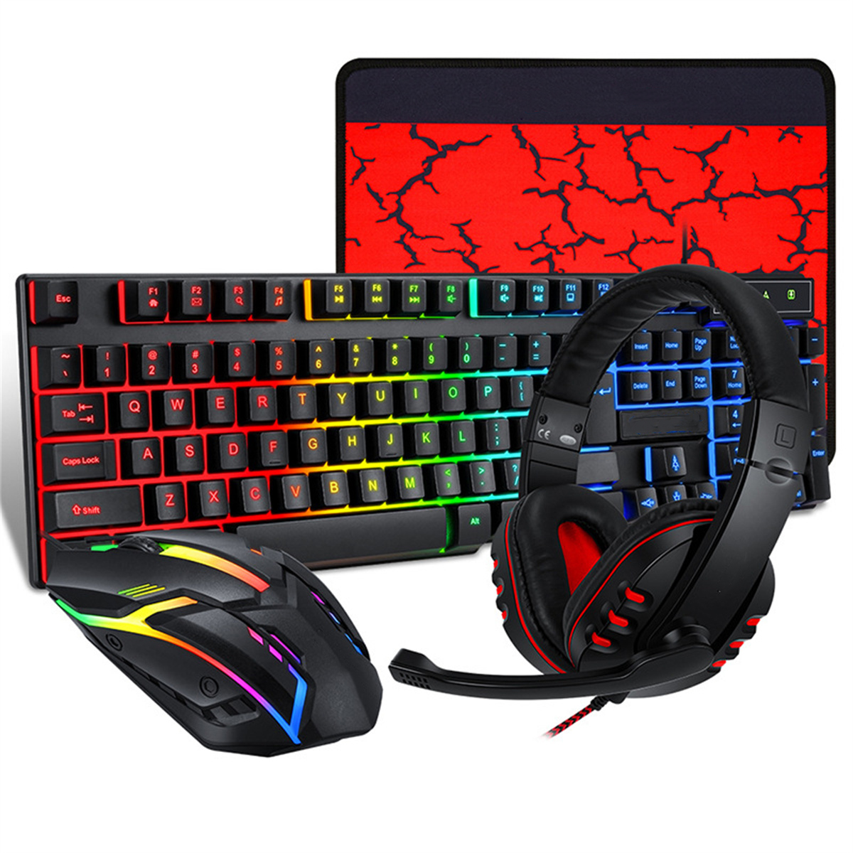 Gaming-Setup: Tastatur, Maus, Headset und Mauspad. Tastatur und Maus haben farbenfrohe LED-Lichter.