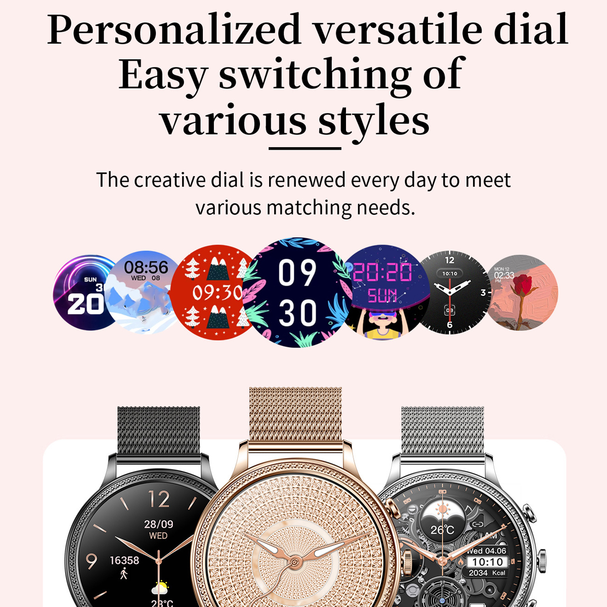 Smartwatches mit verschiedenen Zifferblättern. Text: Personalisierbares, vielseitiges Zifferblatt. Einfaches Umschalten.