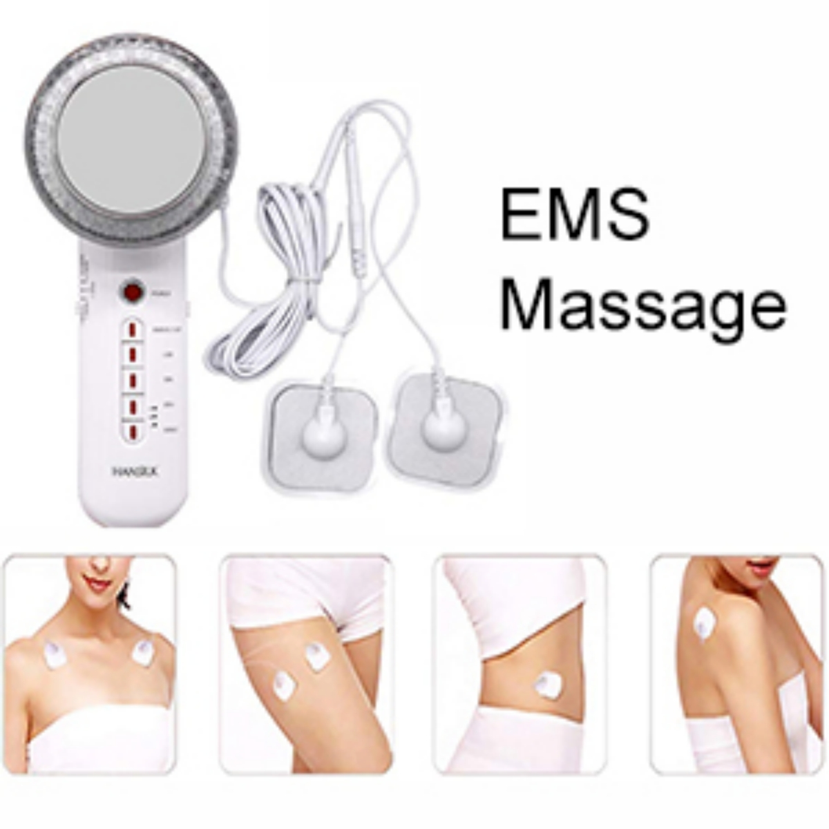 Ein EMS-Massagegerät mit Pads. Bilder zeigen Anwendungsbereiche: Schultern, Oberschenkel, Taille und Oberarm.