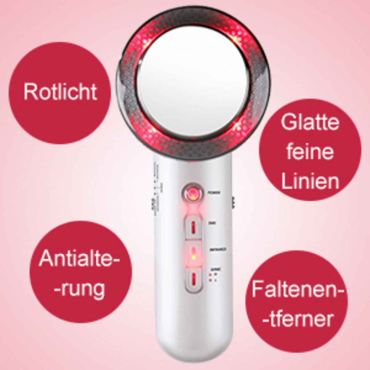 Ein weißes Schönheitsgerät mit roten Kreisen und Aufschriften: Rotlicht, Glatte feine Linien, Antialterung, Faltenentferner.