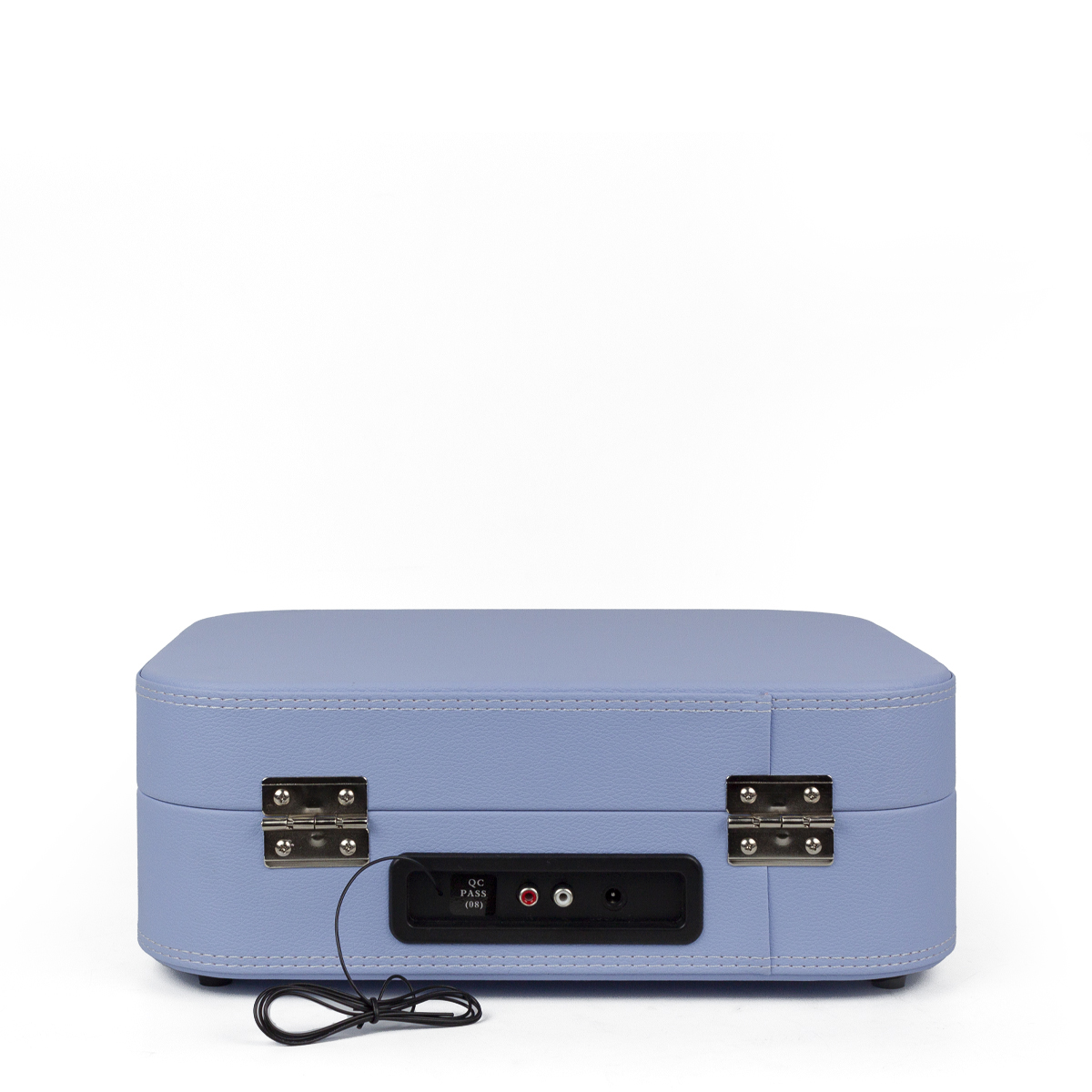 Niebieski odtwarzacz płyt w stylu retro na białym tle.