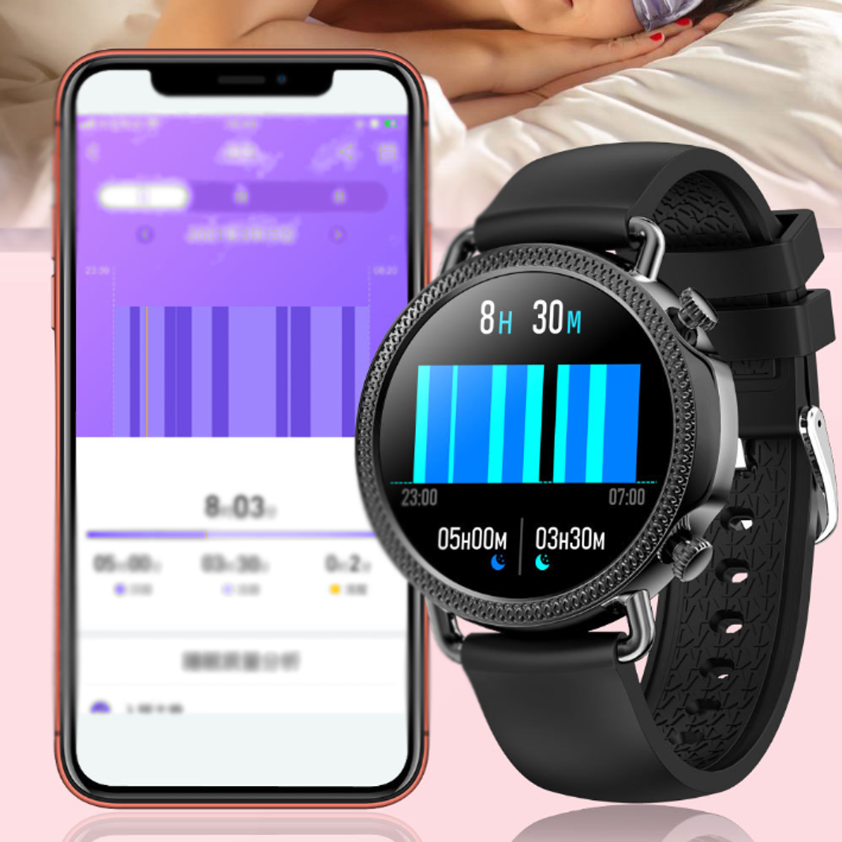 Smartwatch mit schwarzem Armband. Zeigt Schlafdaten und Uhrzeit auf dem Bildschirm. Telefon zeigt App-Daten.