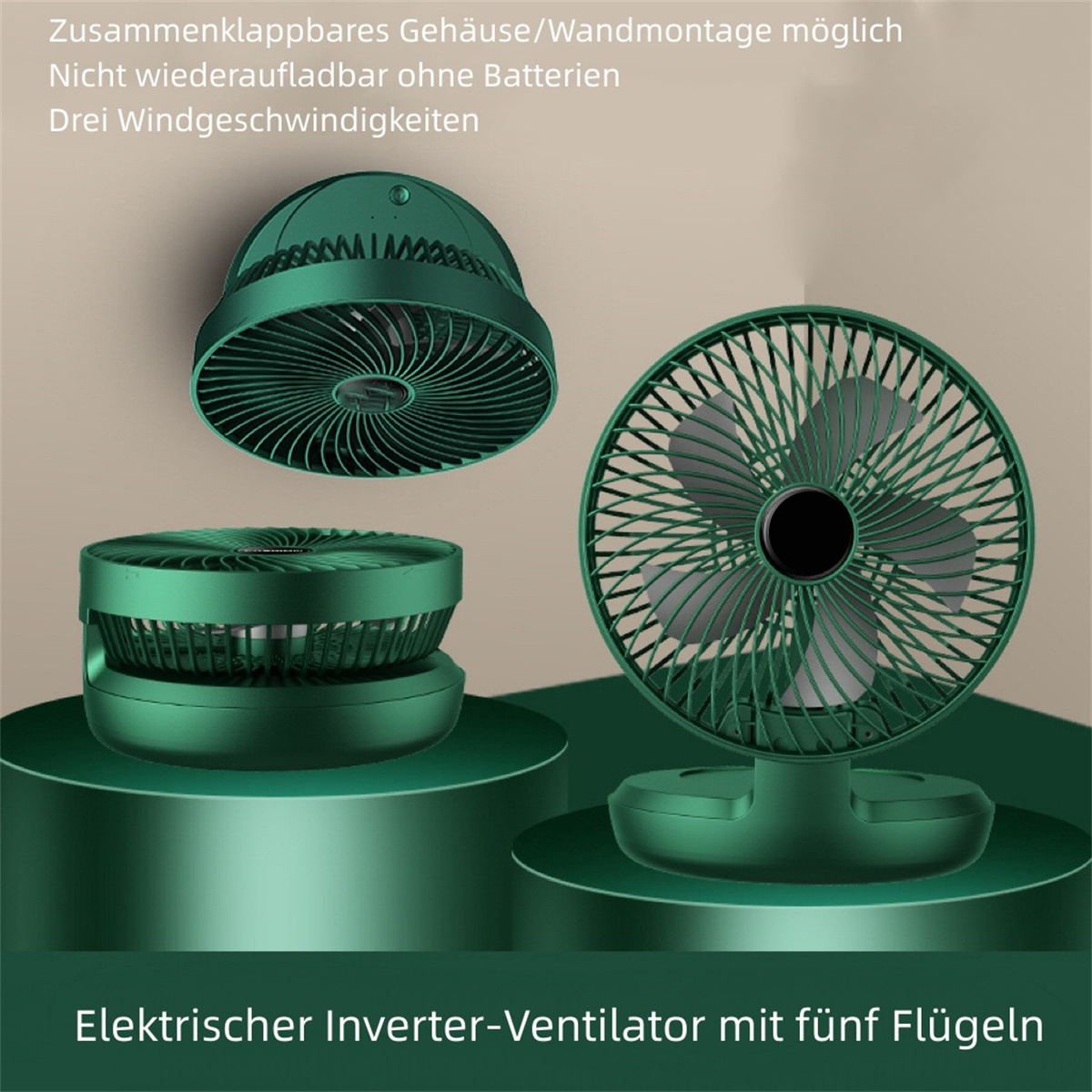 Grüner elektrischer Inverter-Ventilator, fünf Flügel, faltbares Design. Text auf Deutsch.