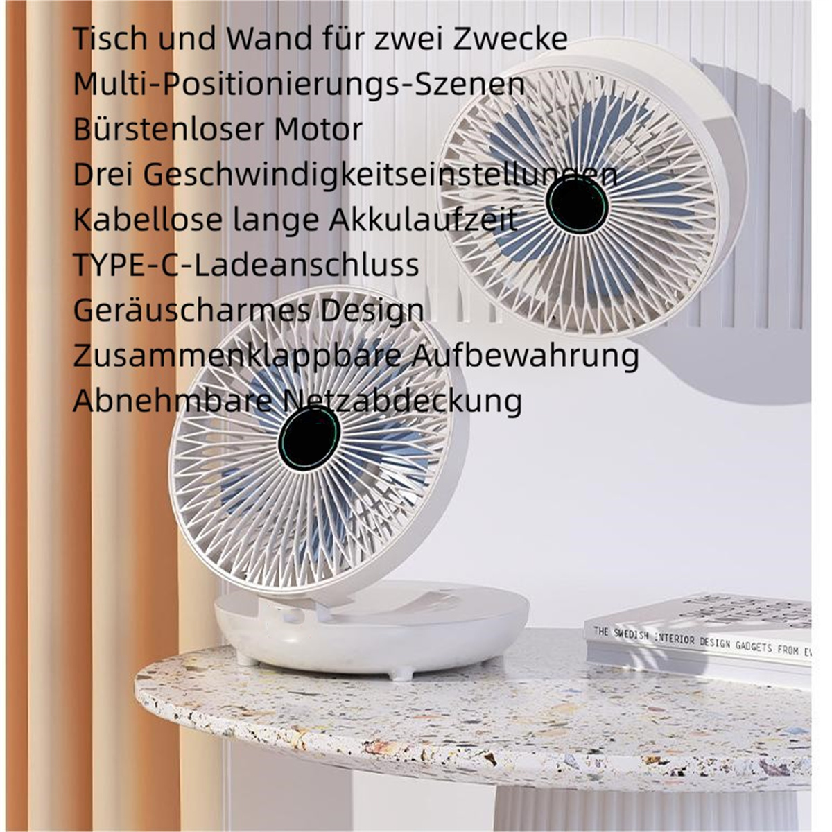 Zwei weiße Ventilatoren auf einem Tisch. Text beschreibt Funktionen: Multi-Positionierung, bürstenloser Motor, etc.