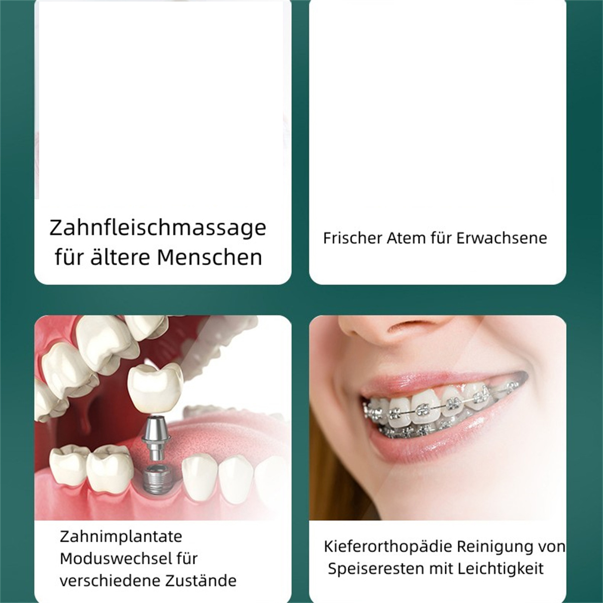 Vier Bilder mit zahnärztlichen Themen, darunter Zahnfleischmassage, frischer Atem, Implantate und Zahnspangen.