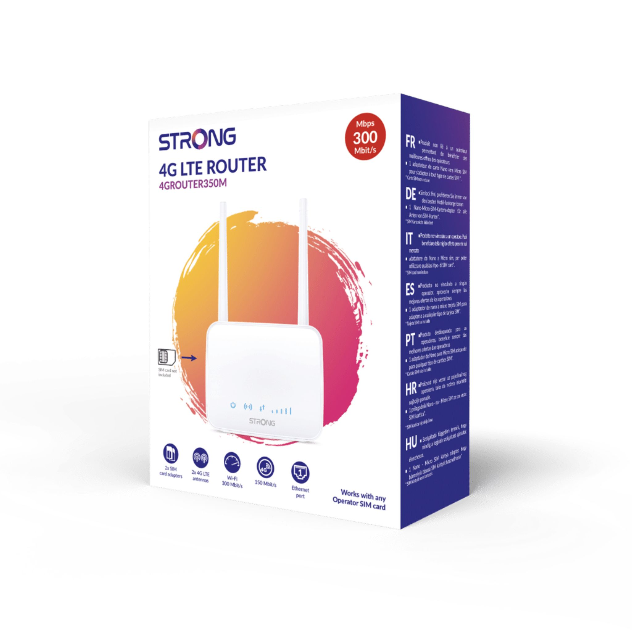 Routerdoos met antennes, tekst en logo's. Witte router, blauw-witte doos.