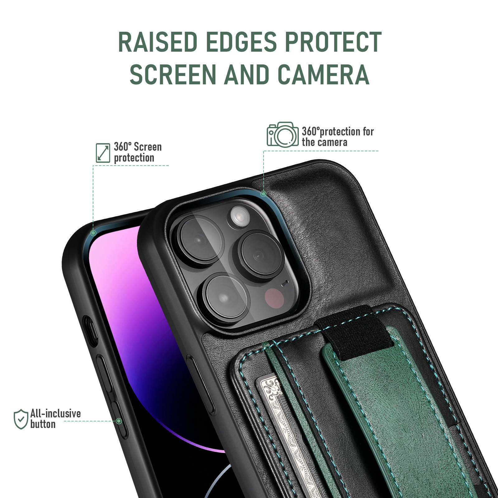 Primer plano de una funda de teléfono con una correa verde, un teléfono negro y bordes elevados. Superposiciones de texto.