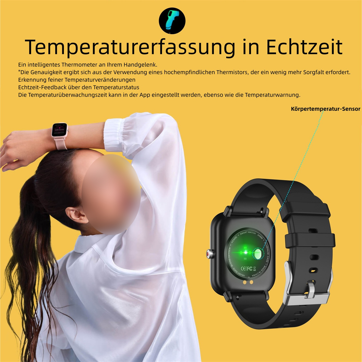 SYNTEK Smart Watch Herzfrequenz Blutdruck Sportarmband Silikon, Smartwatch Körpertemperatur Telefon Schwarz Musik Sport Multifunktion