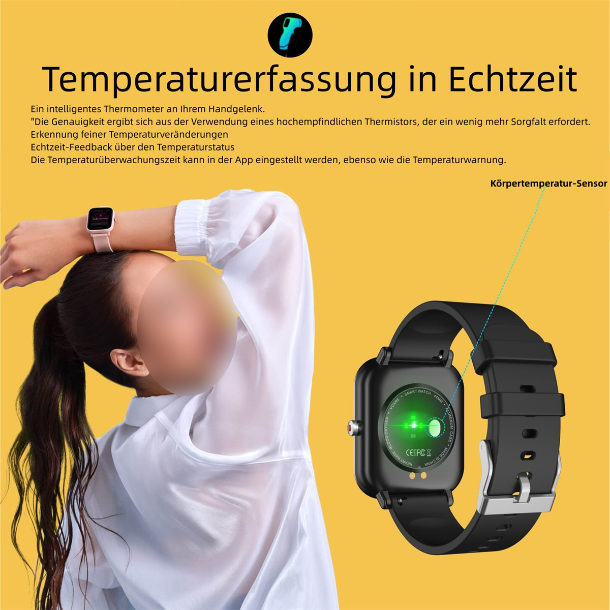 Person mit rosa Uhr am Handgelenk, Text und eine schwarze Smartwatch auf gelbem Hintergrund.