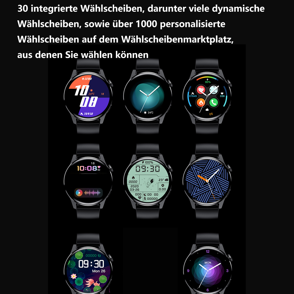 Relojes inteligentes con diferentes interfaces sobre un fondo negro. Se muestran nueve relojes.
