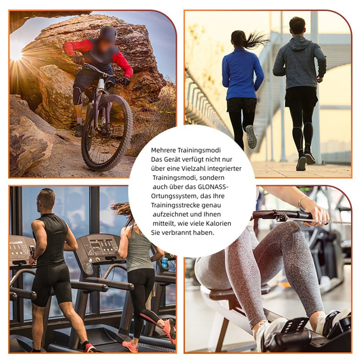 Collage mit verschiedenen Trainingsaktivitäten wie Radfahren, Laufen und Gymnastikübungen, mit Text.