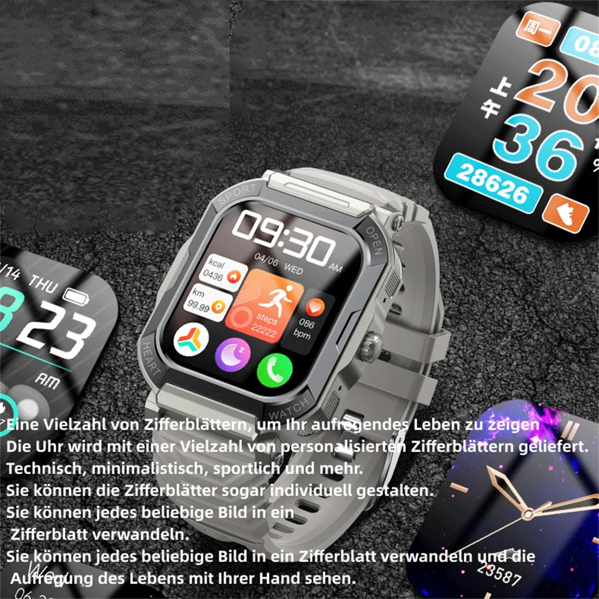 Smartwatch mit mehreren Zifferblättern. Zeigt Zeit, Datum und Gesundheitsmetriken an. Drei weitere Smartwatches sind ebenfalls sichtbar.