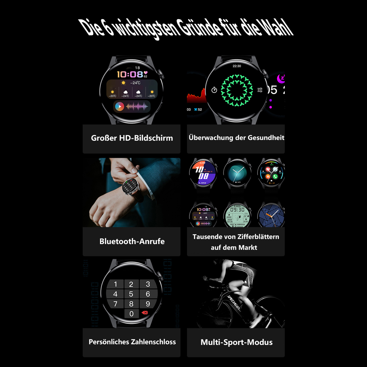 Pantalla de reloj inteligente que muestra varias interfaces y funciones. El texto destaca los puntos clave de venta.