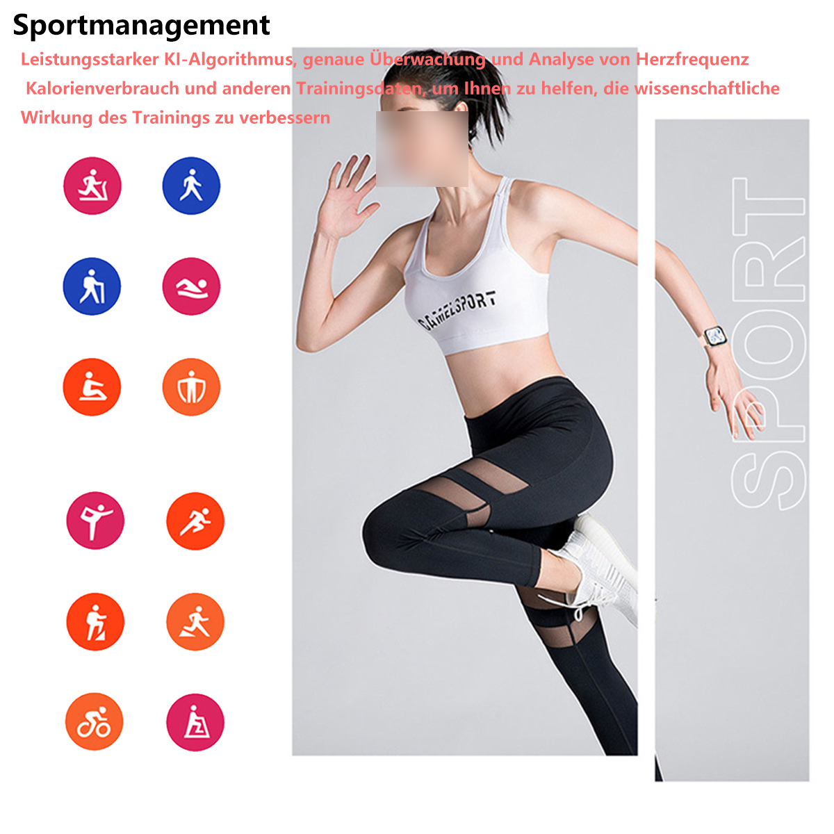 Eine Frau in Sportkleidung mit Symbolen und Text über Sportmanagement und Fitness-Tracking.