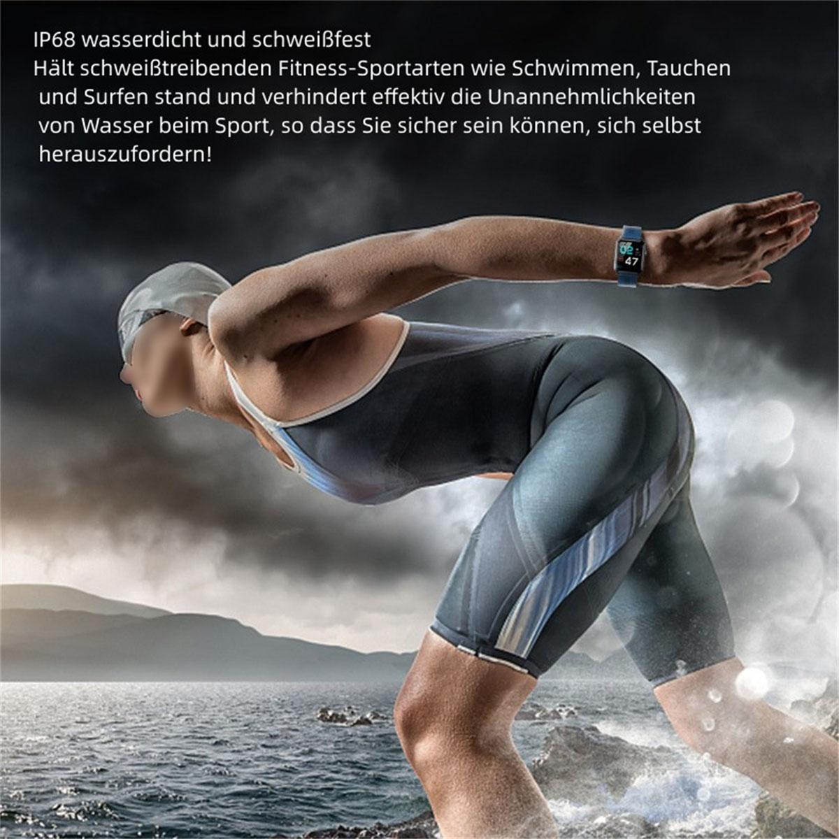 Ein Schwimmer in einem blauen Badeanzug im Wasser mit Text über wasserdichte Sportuhren.