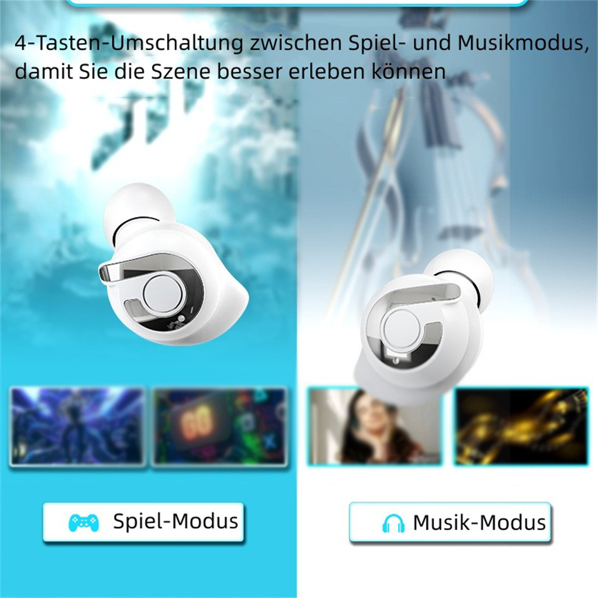 Zwei weiße Ohrhörer, einer in jedem Ohr, mit Spiel- und Musikmodi. Text auf Deutsch.