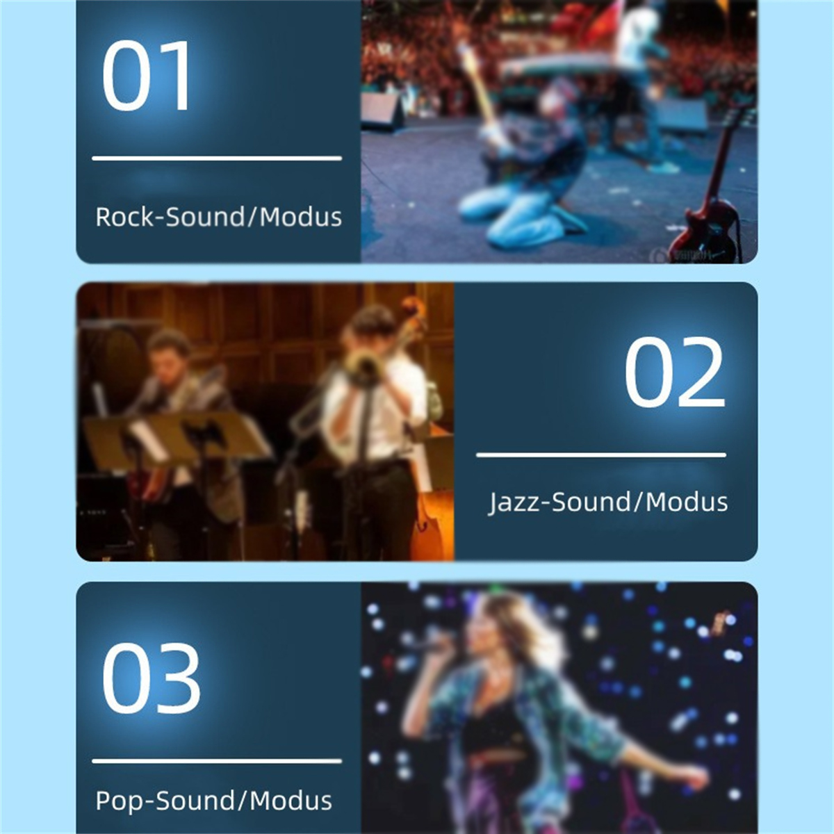 Drei Tafeln mit Bildern einer Rockband, Jazzband und Popsängerin mit Textbeschriftungen.