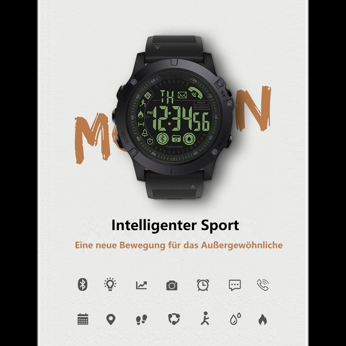 Schwarze Sportuhr mit digitaler Anzeige, die Zeit und Benachrichtigungen anzeigt. Die Uhr hat Knöpfe.