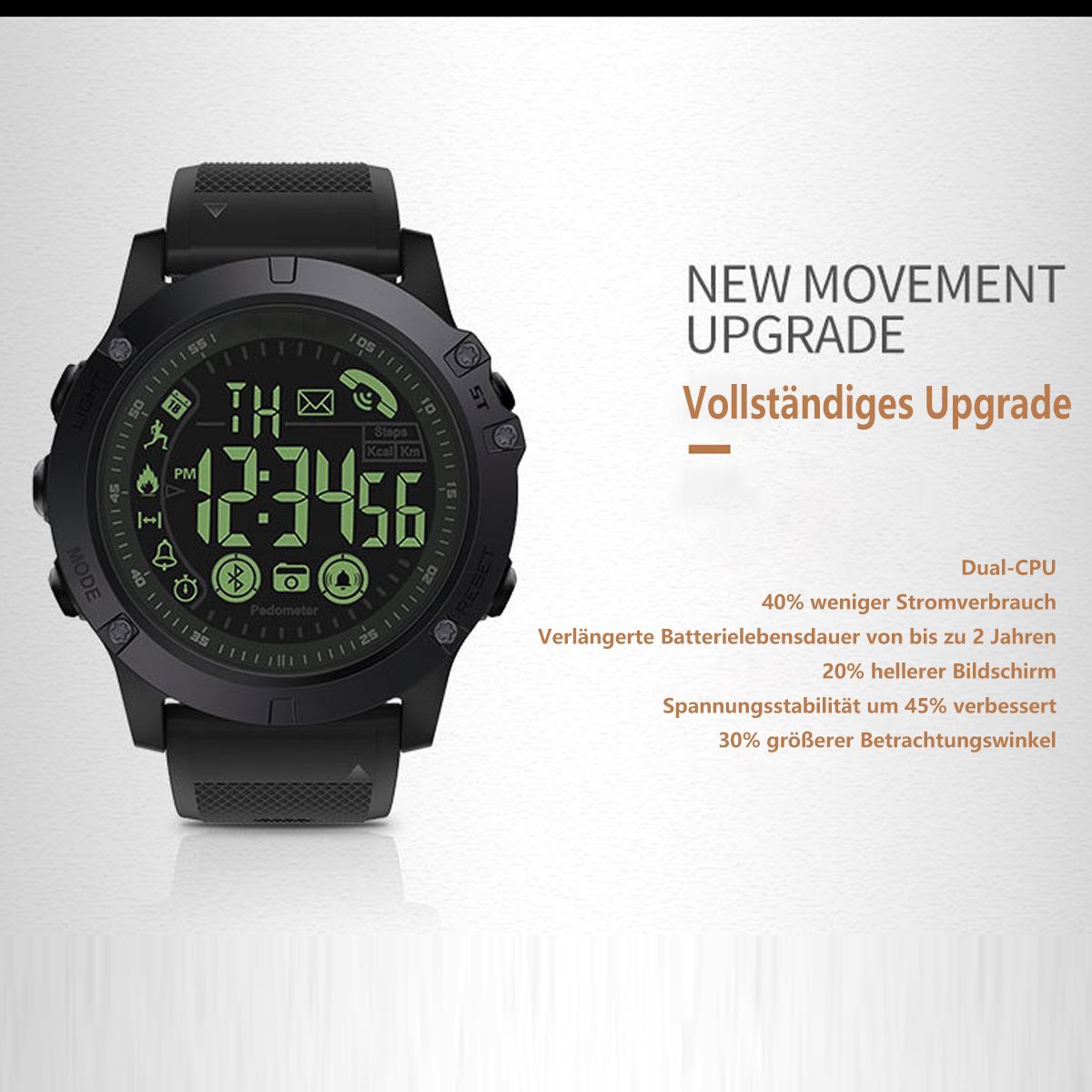 Schwarze Smartwatch mit grünem Display. Text auf Deutsch, der Funktionen beschreibt. Zeigt Zeit, Schritte und andere Statistiken.