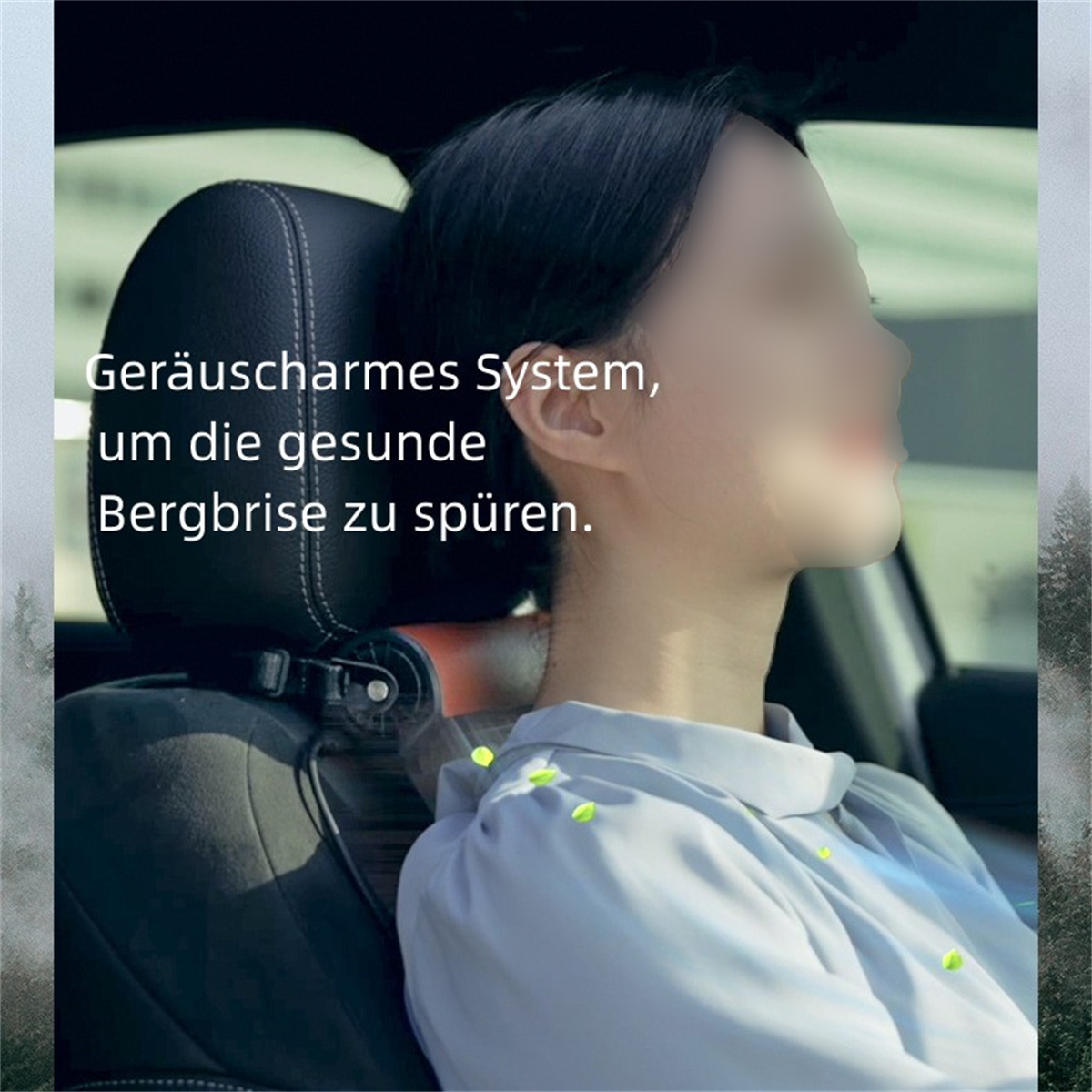 Una persona en un coche, el texto dice, "Disfruta de la brisa."