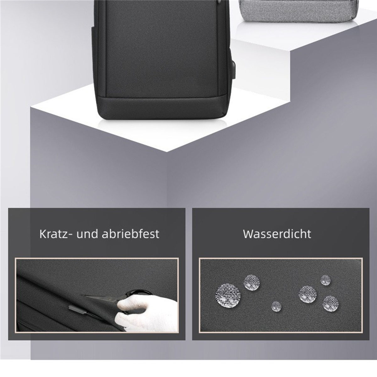 Ein schwarzer Rucksack steht auf weißen Stufen. Zwei Nahaufnahmen zeigen Kratz- und Wasserbeständigkeit.