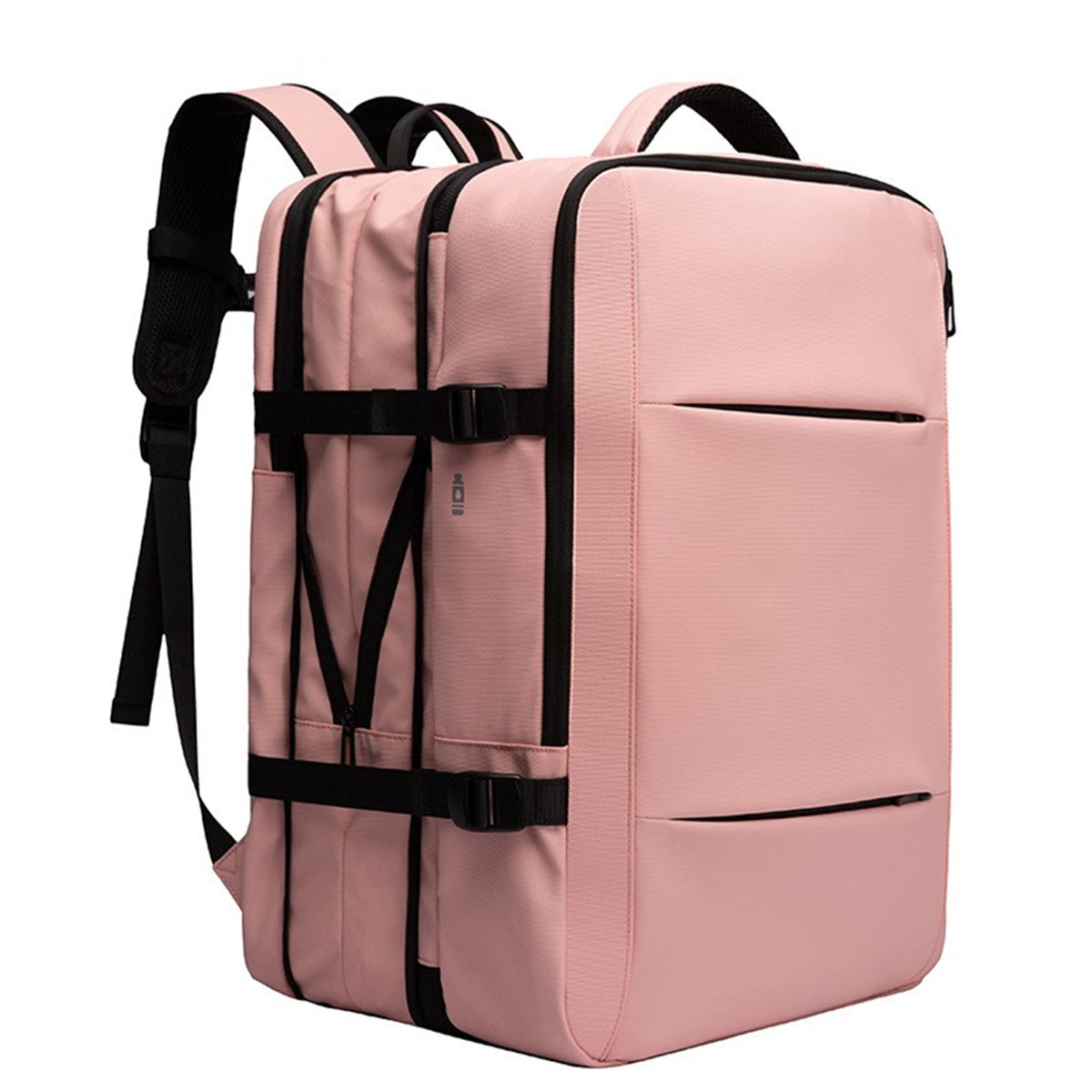 Ein rosafarbener Rucksack mit schwarzen Riemen und Schnallen.
