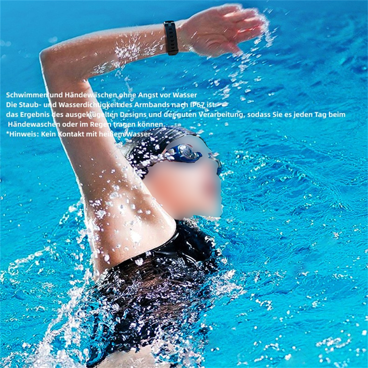 Nadador en una piscina, con gafas, con texto que describe la resistencia al agua del producto.