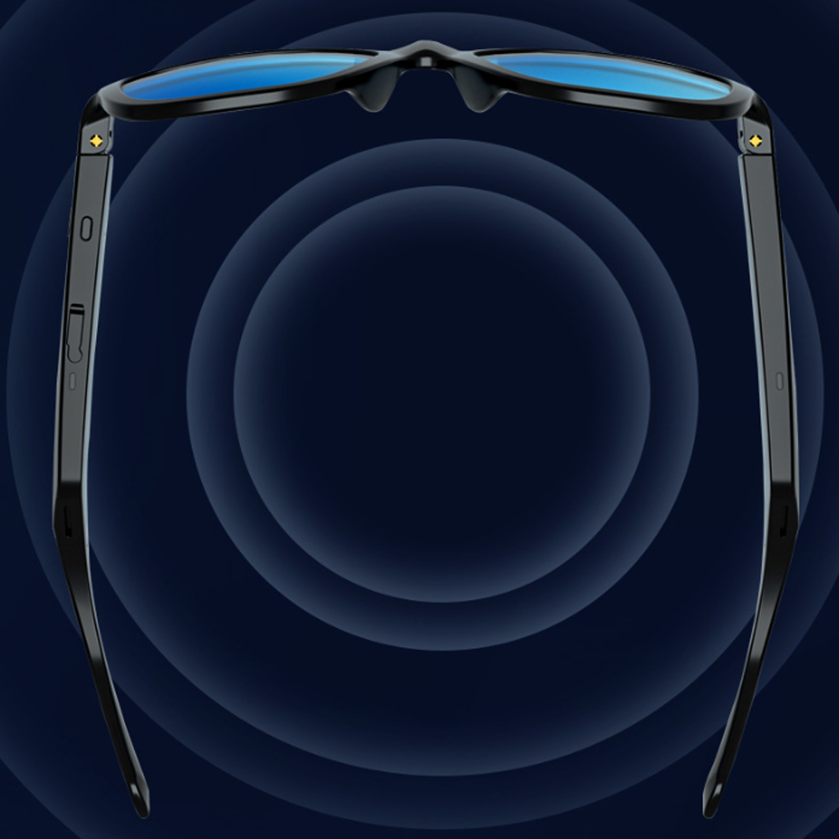Schwarze Smartglasses mit blauen Gläsern, von oben betrachtet, mit blauem kreisförmigen Hintergrund.