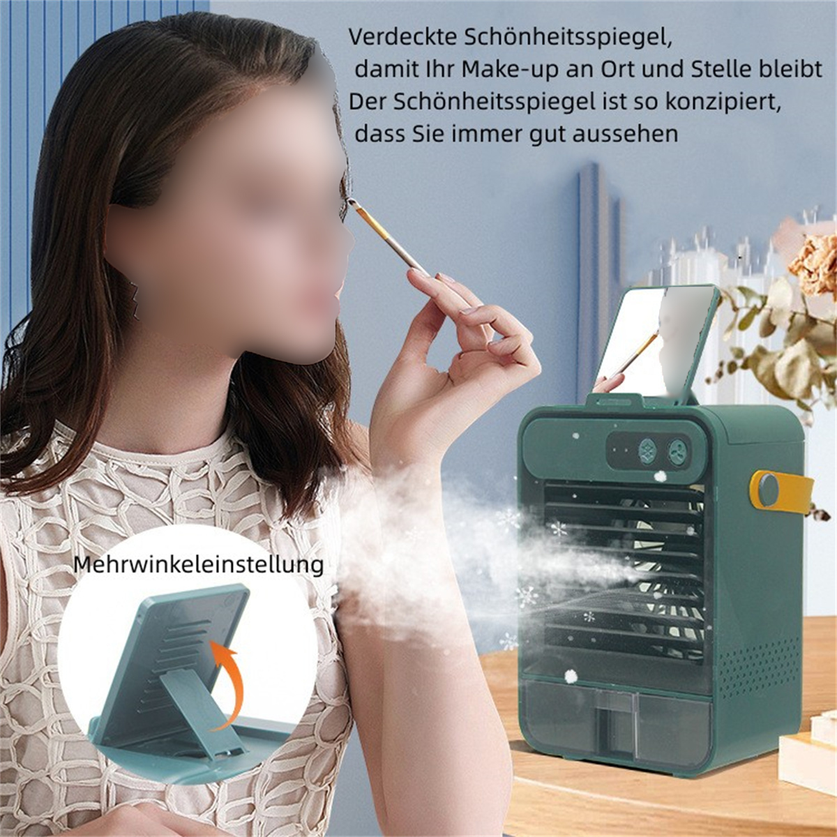 Mujer usando espejo de maquillaje y refrigerador, fondo verde.