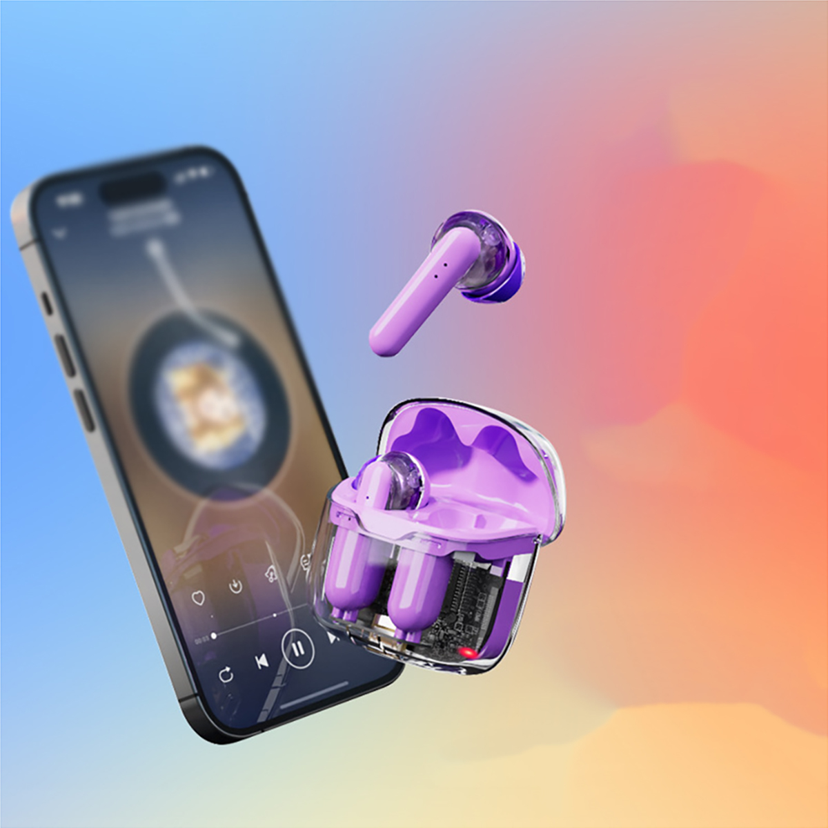 Ein Smartphone zeigt Musik und zwei kabellose Ohrhörer. Ein Ohrhörer ist separat, der andere offen.