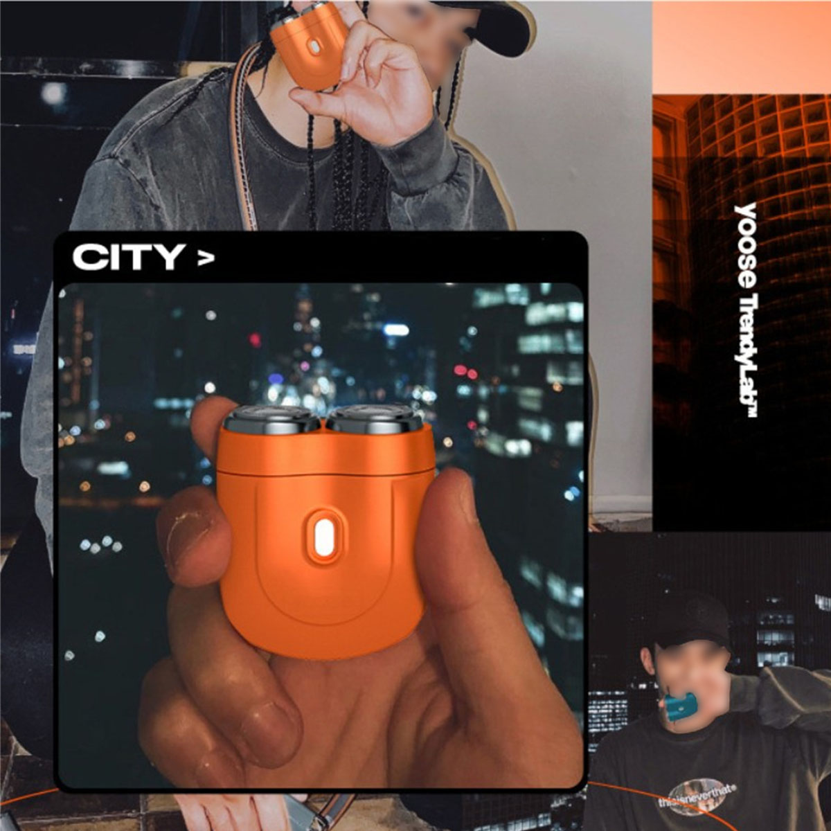 Orangener Rasierer in der Hand mit verschwommenem Hintergrund einer Stadt bei Nacht.