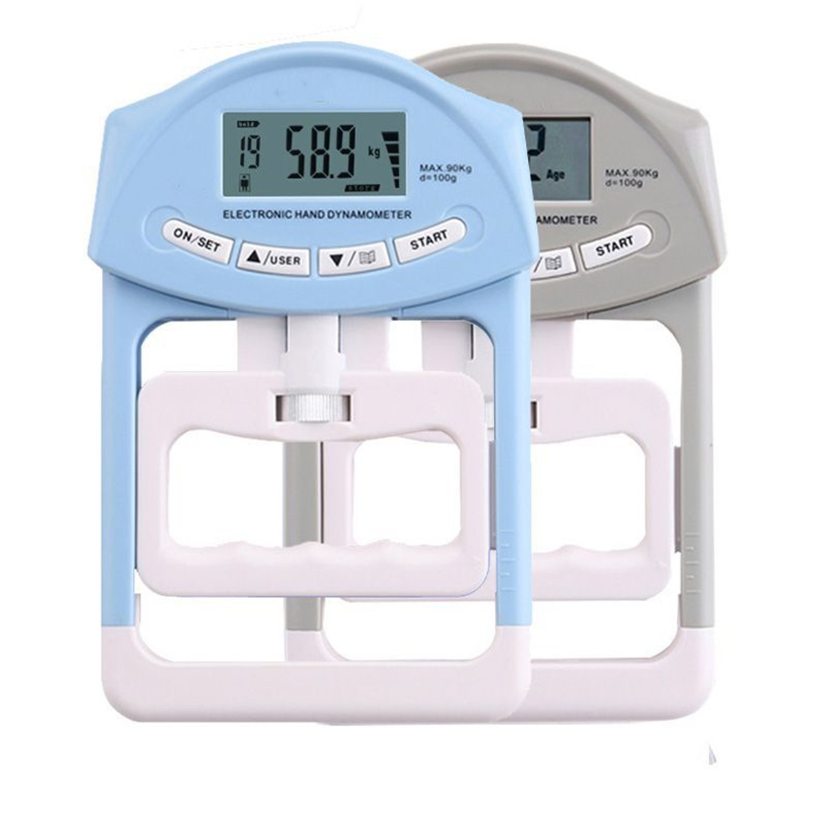 Zwei elektronische Handdynamometer, blau und grau, mit LCD-Anzeigen.