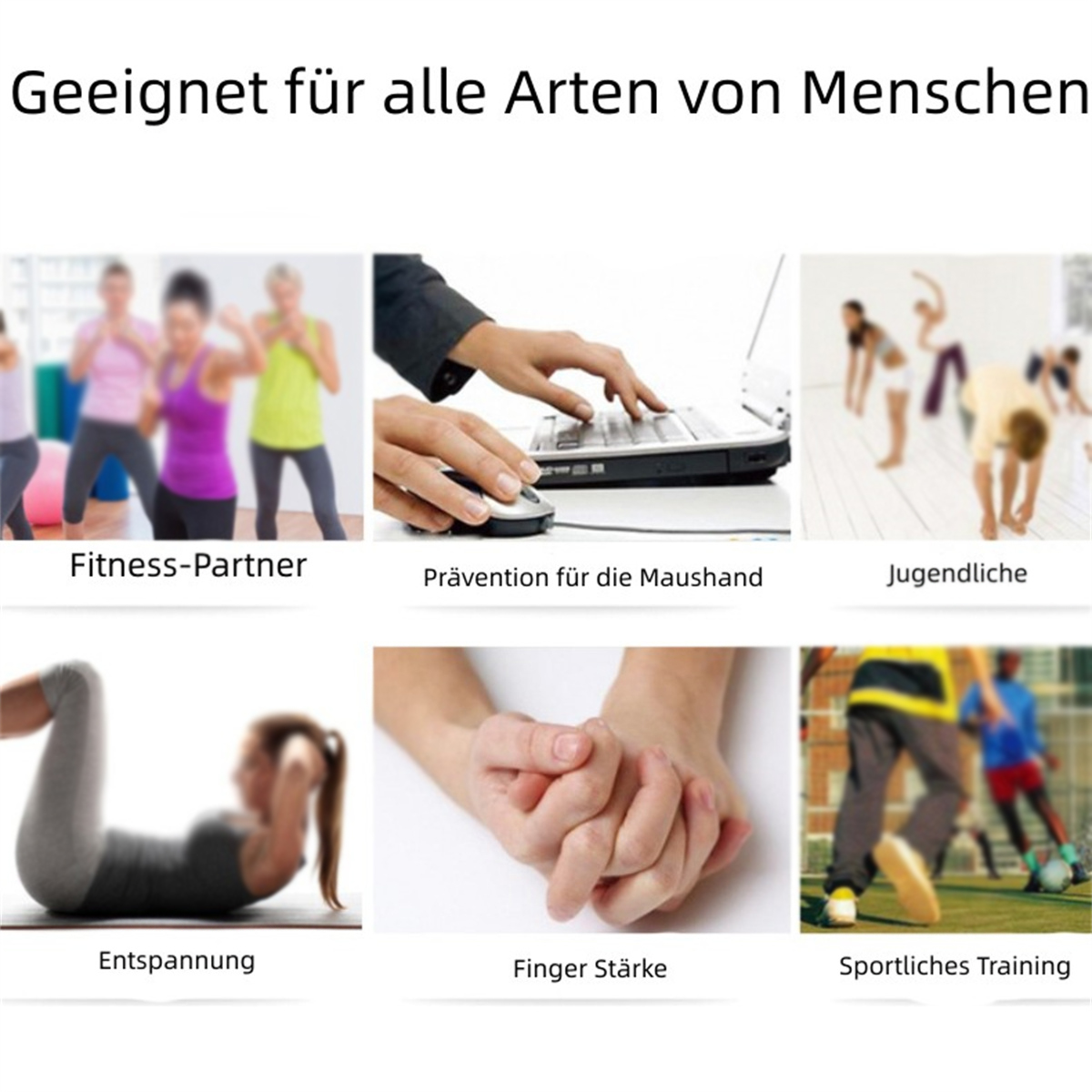 Bilder zeigen Fitnessaktivitäten, Computernutzung und Entspannung. Text: Geeignet für alle Menschen.