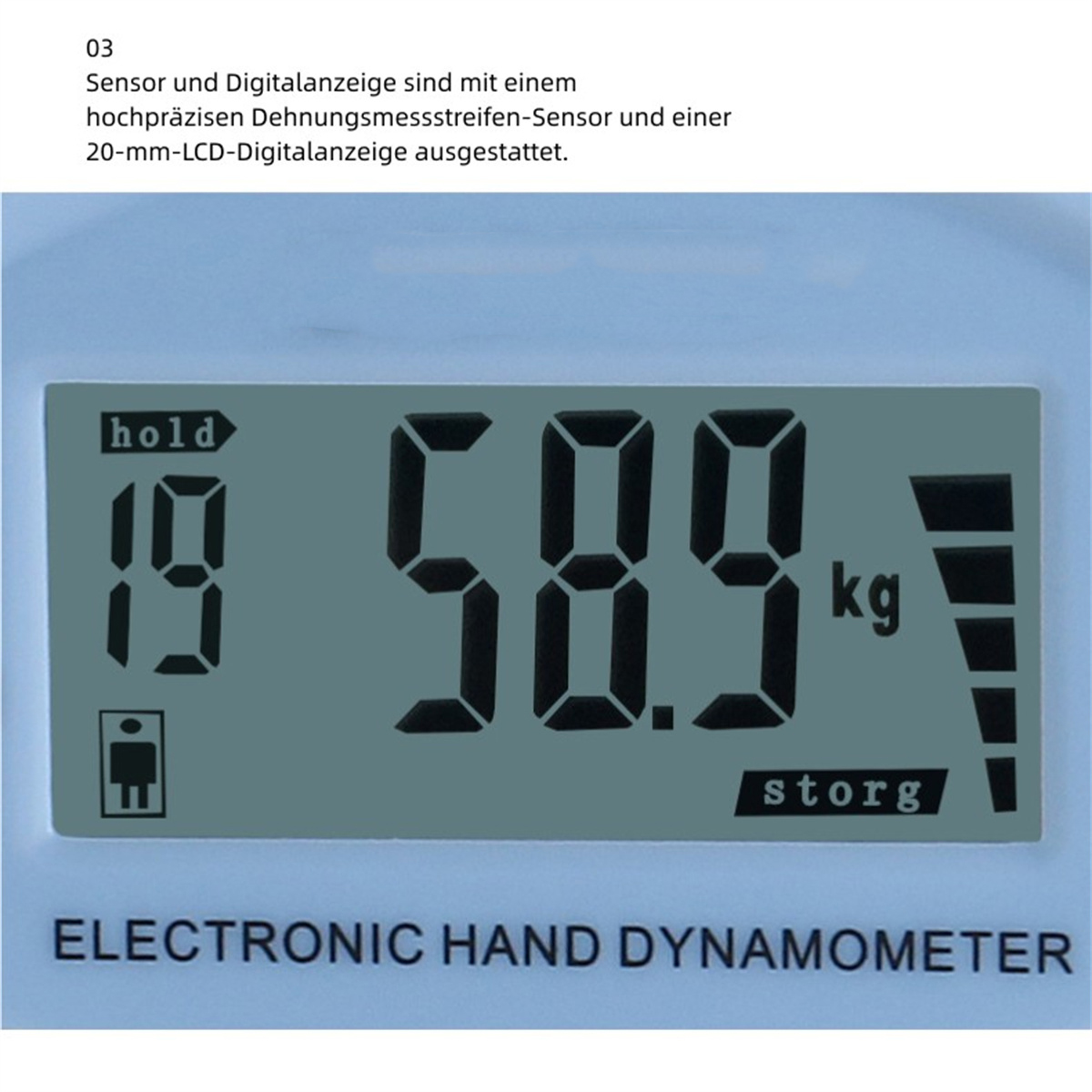 Ein digitales Handdynamometer mit einem Gewicht von 58,9 kg.