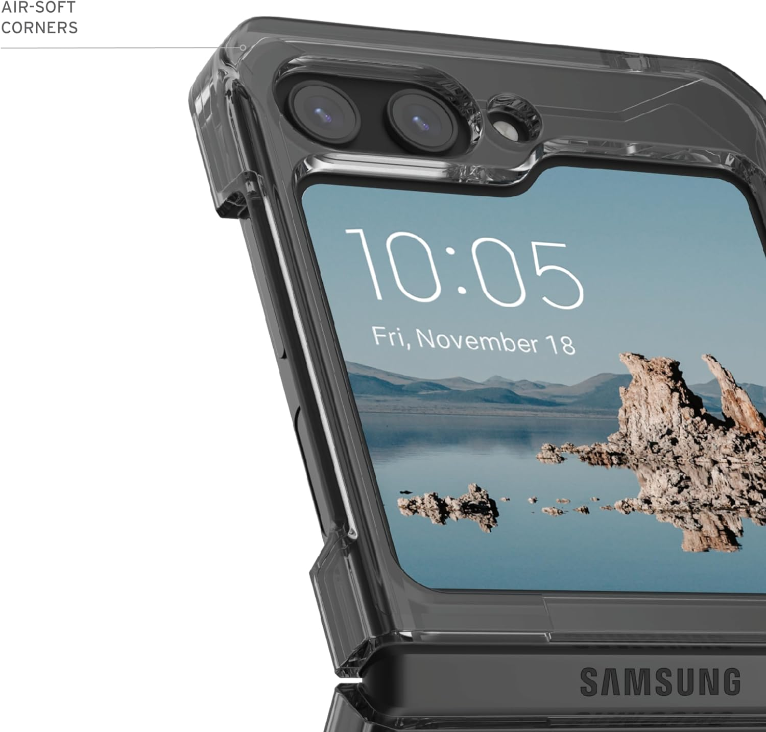 Transparante telefoonhoes op een Samsung-telefoon, met de tijd. De telefoon zit in een beschermhoes.