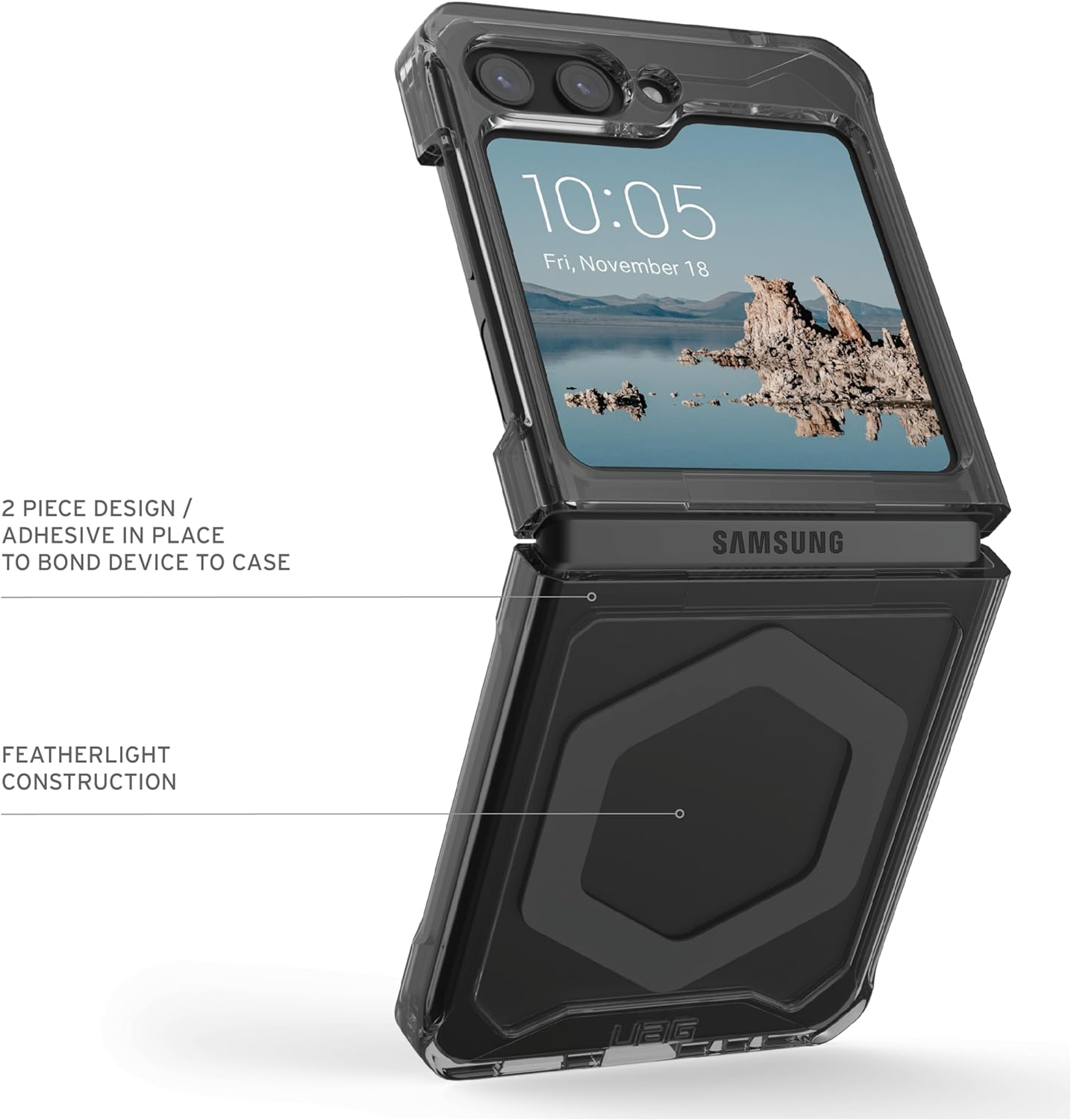 Zwarte en transparante telefoonhoes met een Samsung-telefoon erin, met tekstlabels.