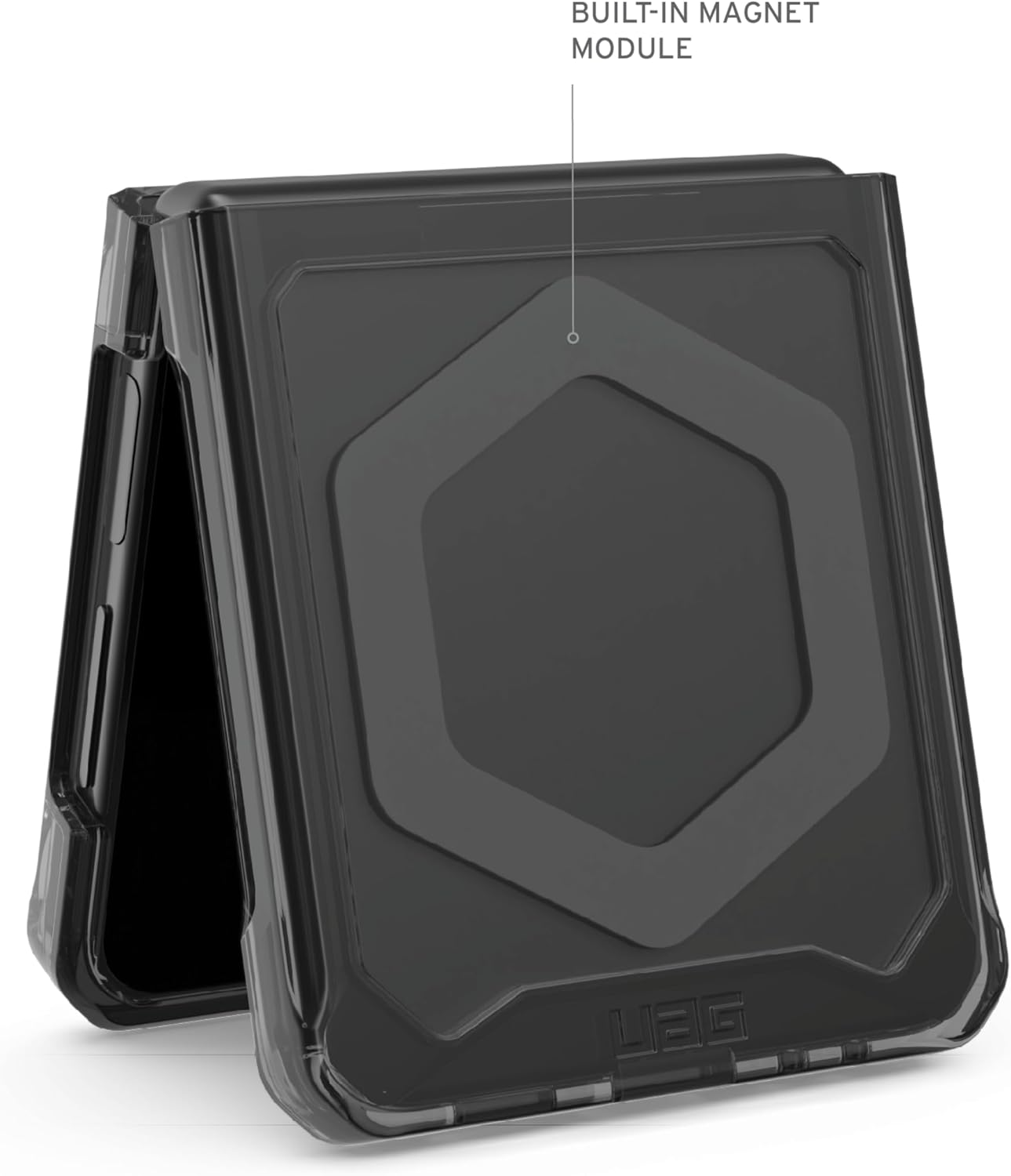 Een zwarte UAG telefoonhoes, opengeklapt, met een ingebouwde magneetmodule.