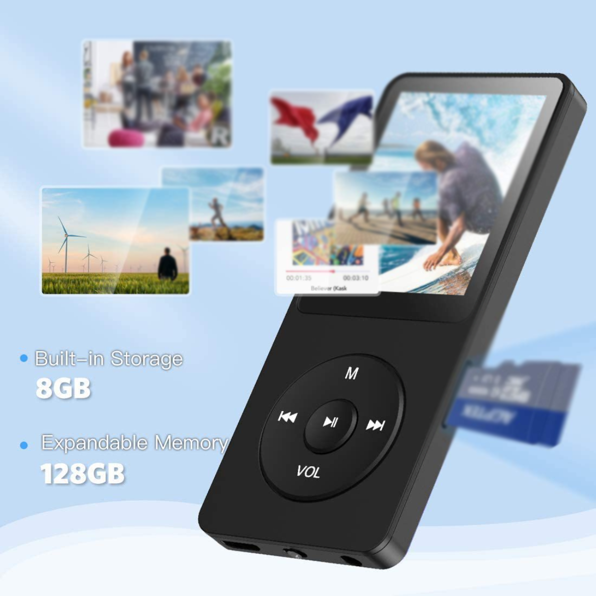 Reproductor MP3 negro con pantalla y botones, con una tarjeta SD insertada.