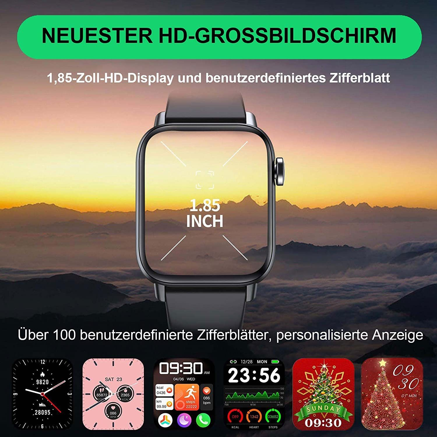 Czarny smartwatch z wyświetlaczem dotykowym. Poniżej pokazano różne tarcze zegarka.