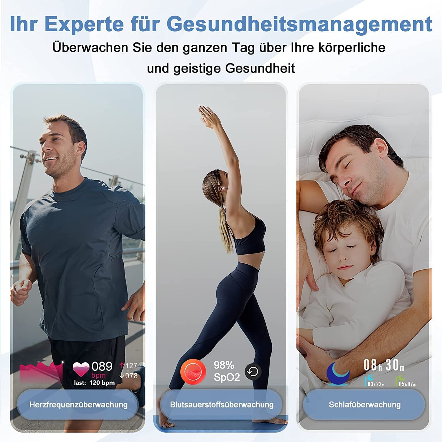 Ekrany pokazujące wskaźniki zdrowia podczas różnych aktywności: biegania, jogi i snu.