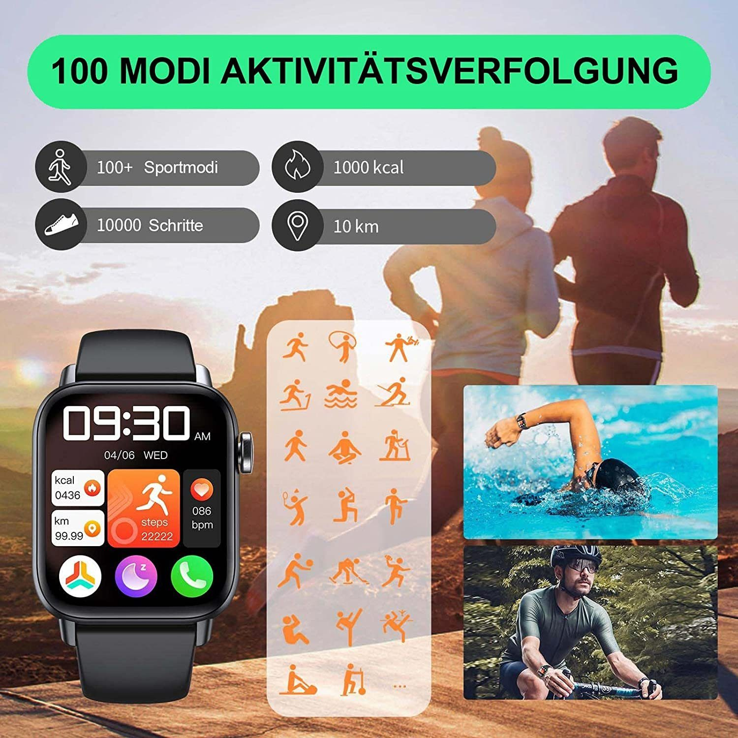 Eine Smartwatch mit Aktivitätsdaten wie Schritte, km und Kalorien.